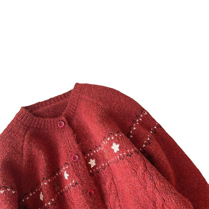 Damen Strickjacke mit floralen Applikationen und bequemen Knöpfen EB