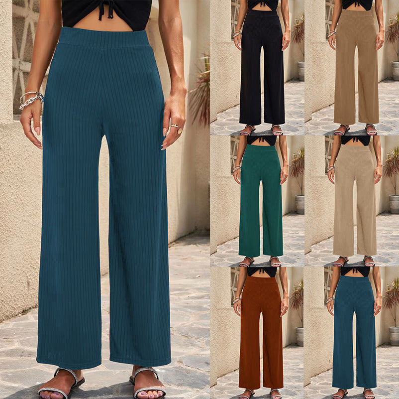 Damen Weite, gestreifte Plisseehose mit hohem Bund und elastischem Taillenbund EB