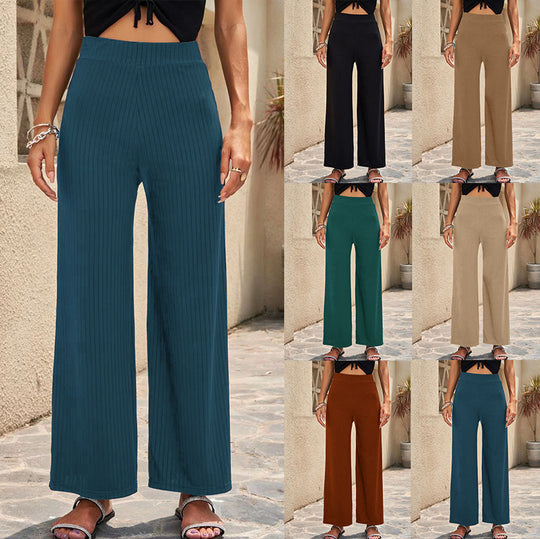 Damen Weite, gestreifte Plisseehose mit hohem Bund und elastischem Taillenbund EB