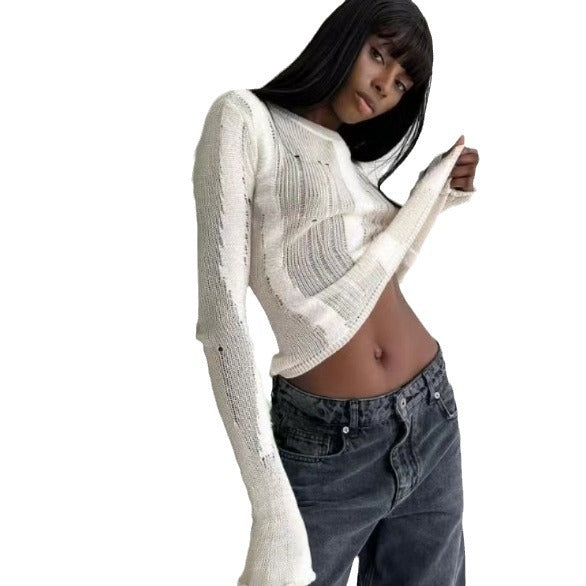 Damen modisches Strickoberteil mit elegantem Knoten und schmalen Ärmeln EB