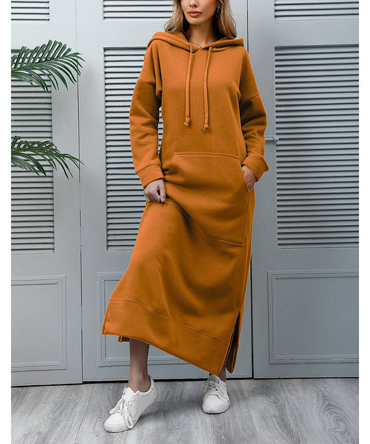 Damen nan langes Kapuzen-Sweatkleid mit Kängurutasche, Seitenschlitzen und lockerer Oversize-Passform EB