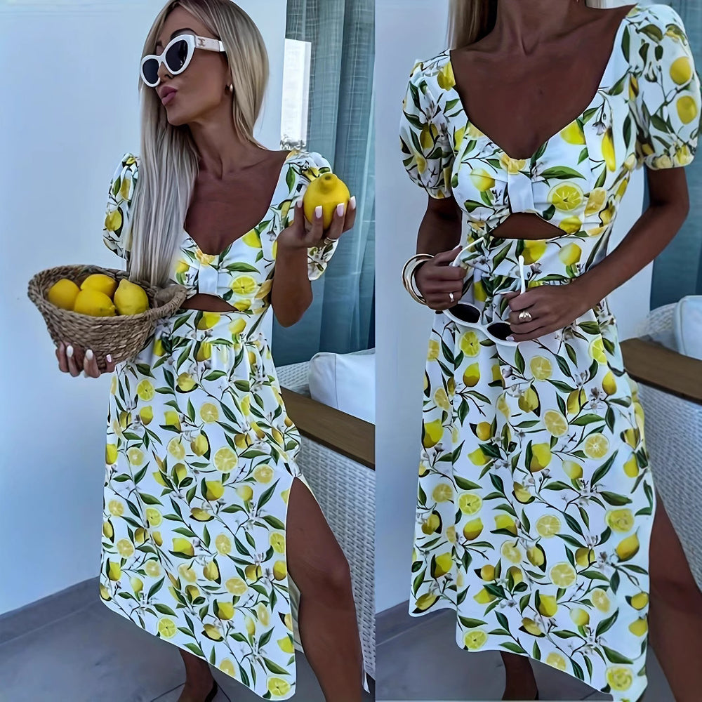 Damen Maxikleid mit fruchtigem Print und seitlichem Schlitz EB