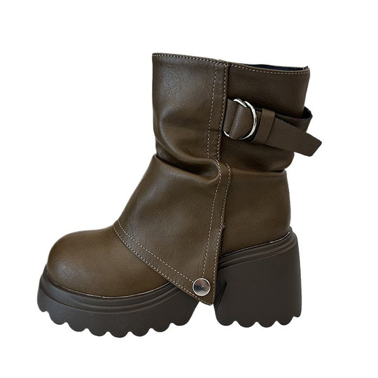 Damen modische Chunky-Boots mit dekorativem Riemen und stabiler Sohle EB