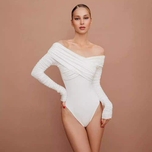Damen eleganter Body mit drapiertem Oberteil und schmalen Ärmeln EB
