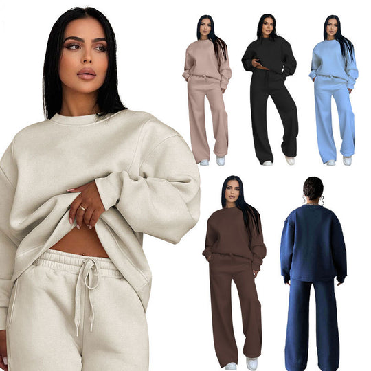 Damen nan Lounge-Set mit Oversize-Rundhalsausschnitt und hochgeschnittener Jogginghose mit weitem Bein EB