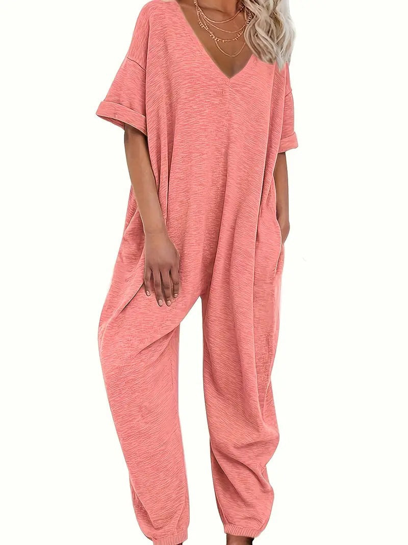 Damen Oversized Jumpsuit mit tiefem V-Ausschnitt und lässigen Taschen EB