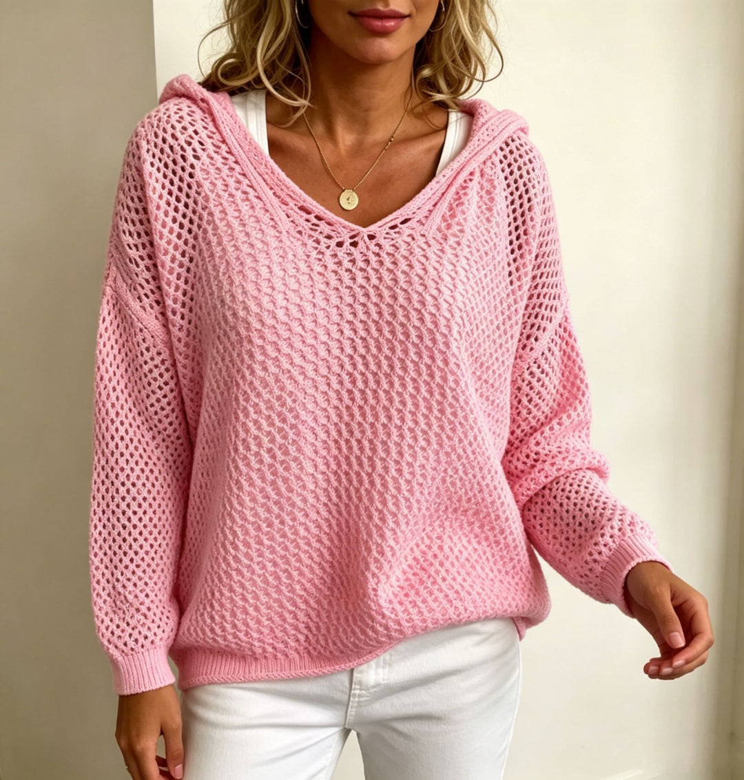 Damen Grobgestrickter V-Ausschnitt-Pullover mit Kapuze und Lochmuster EB