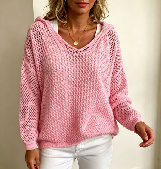 Damen Grobgestrickter V-Ausschnitt-Pullover mit Kapuze und Lochmuster EB