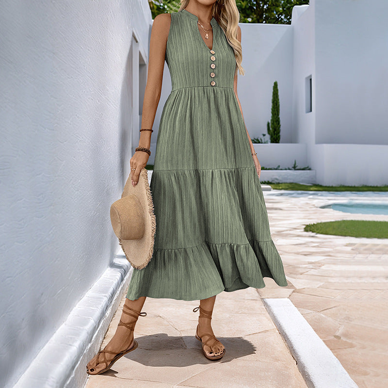Damen Midikleid mit Knopfdetails und voluminösem Rock EB
