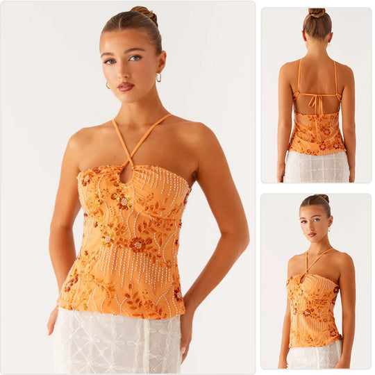 Damen Glitzerndes Bustier-Oberteil mit floralem Design und funkelnden Applikationen EB