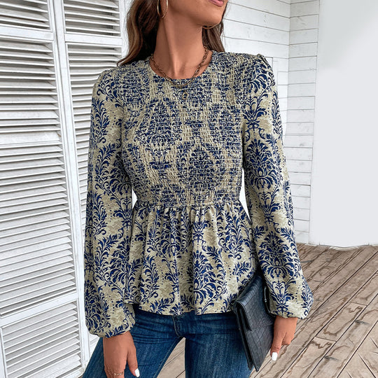 Damen Elegante Bluse mit raffiniertem Floral-Design und Puffärmeln EB
