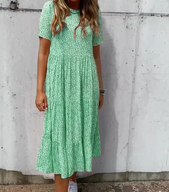 Damen nan geblümtes gekrepptes Midikleid mit geraffter Empire-Taille, kurzen Ärmeln und stufigem Volantrock EB