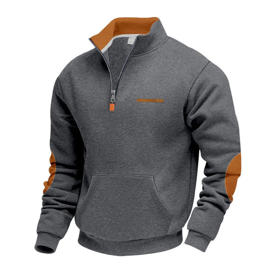 Herren nan Halbzip-Sweatpullover mit Stehkragen, Kängurutasche und Ellenbogenbesatz EB