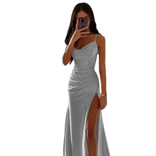 Damen Elegantes Raffung Hoher Schlitz Maxi Kleid EB