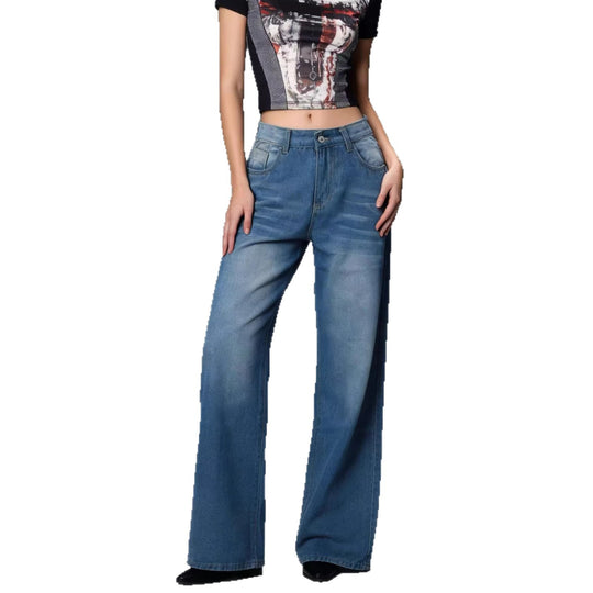 Damen weite Denim-Hose mit Vintage-Waschung und hoch geschnittenem Bund EB