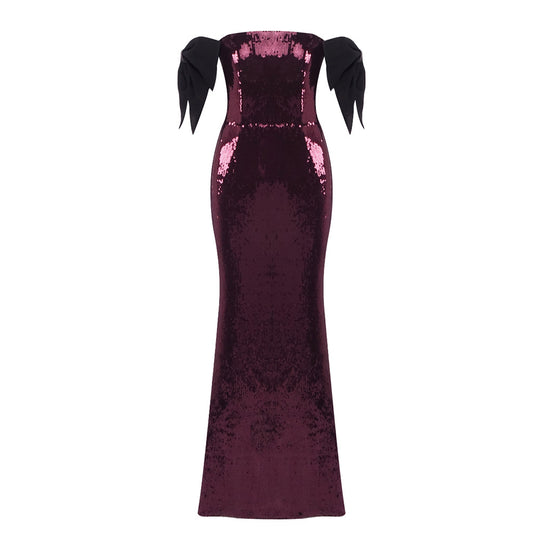 Damen Elegantes Pailletten-Maxikleid mit schulterfreiem Design und dekorativen Schleifen EB