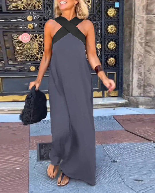 Damen Maxikleid mit raffiniertem Kreuz-Ausschnitt und fließendem Schnitt EB