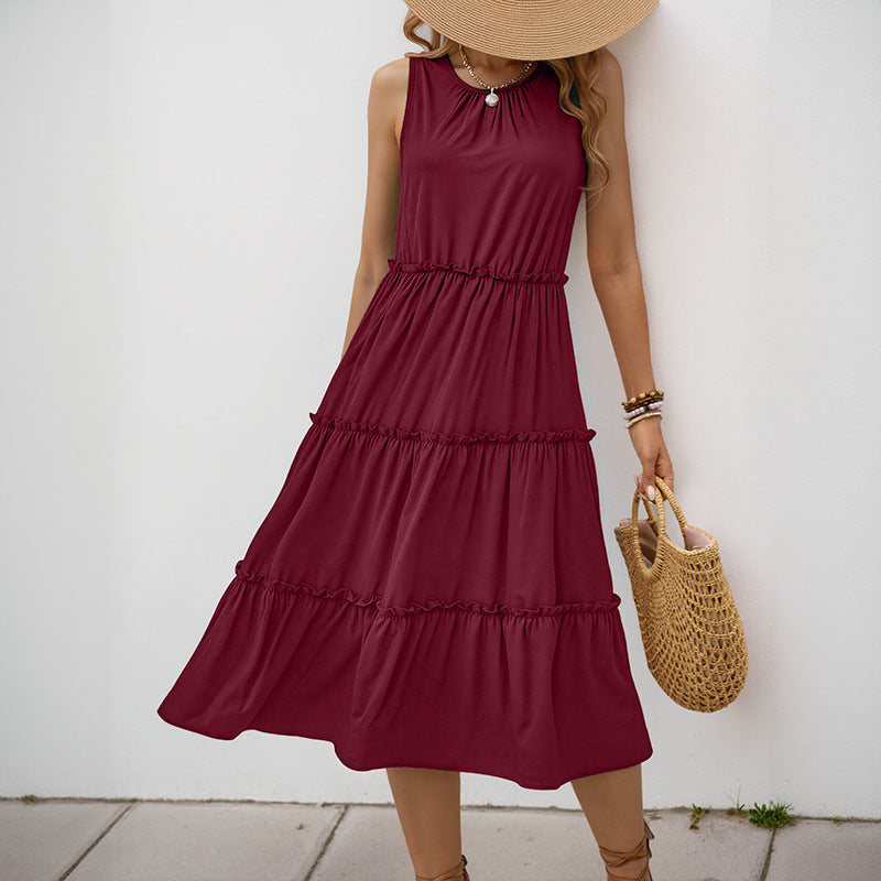 Damen Maxi-Kleid mit Rüschendetails und elastischem Taillenbund EB