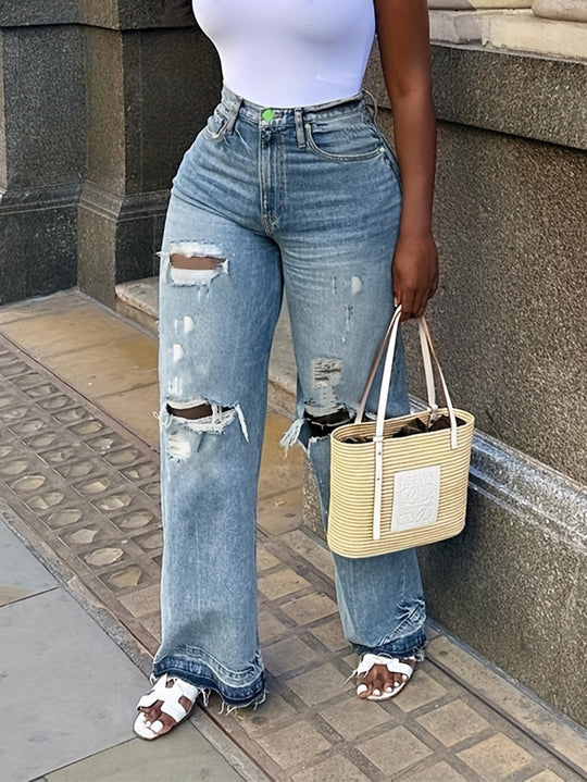 Damen Hohe Taille Destroyed Jeans EB