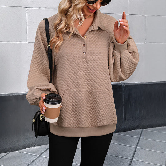 Damen Oversized Pullover mit strukturiertem Waffelmuster und Knopfleiste EB