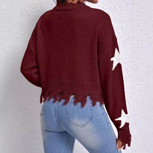 Damen modischer Sweatpullover mit Sternenmotiv und ausgefranstem Saum EB