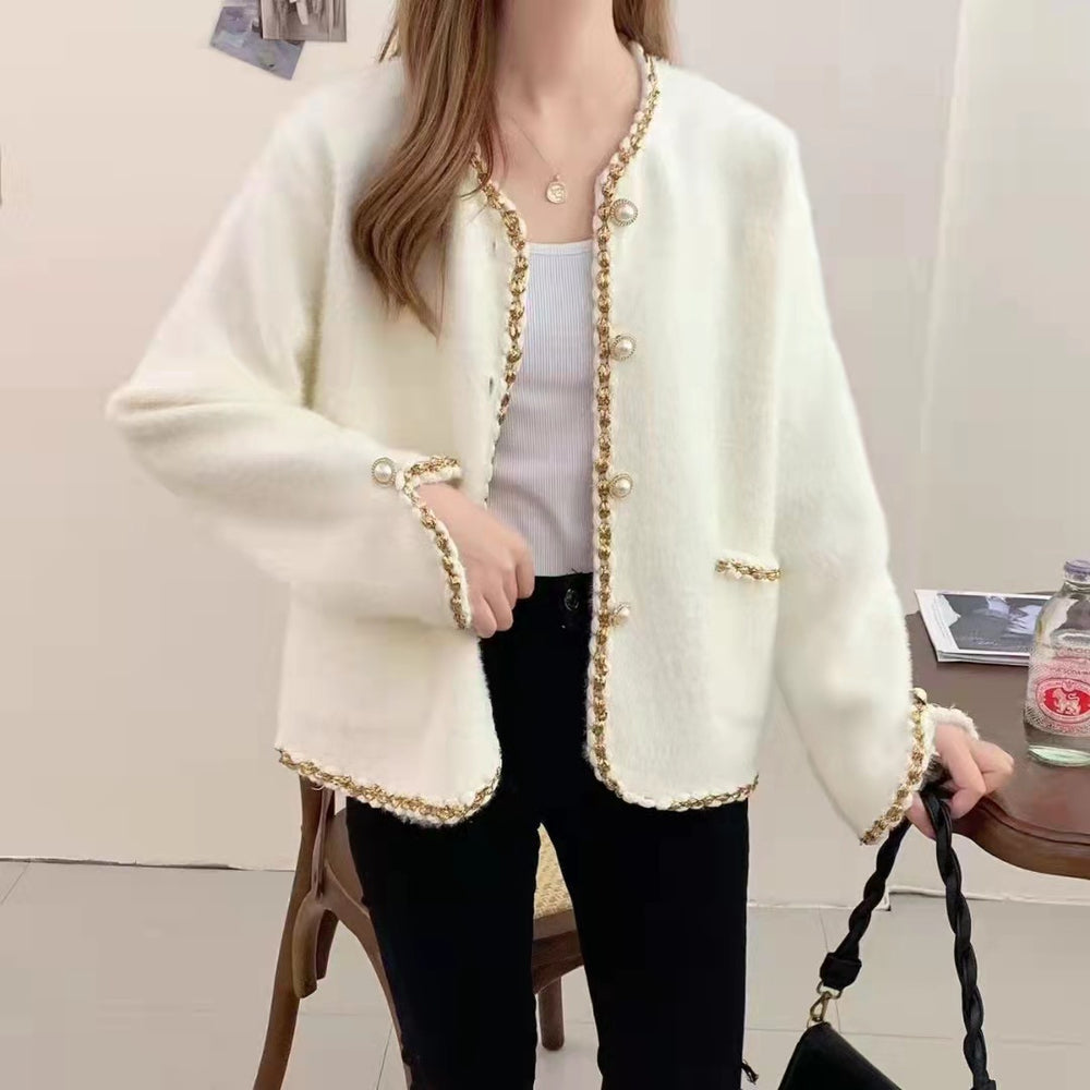 Damen Elegante Strickjacke mit dekorativen Perlenknöpfen und feiner Struktur EB