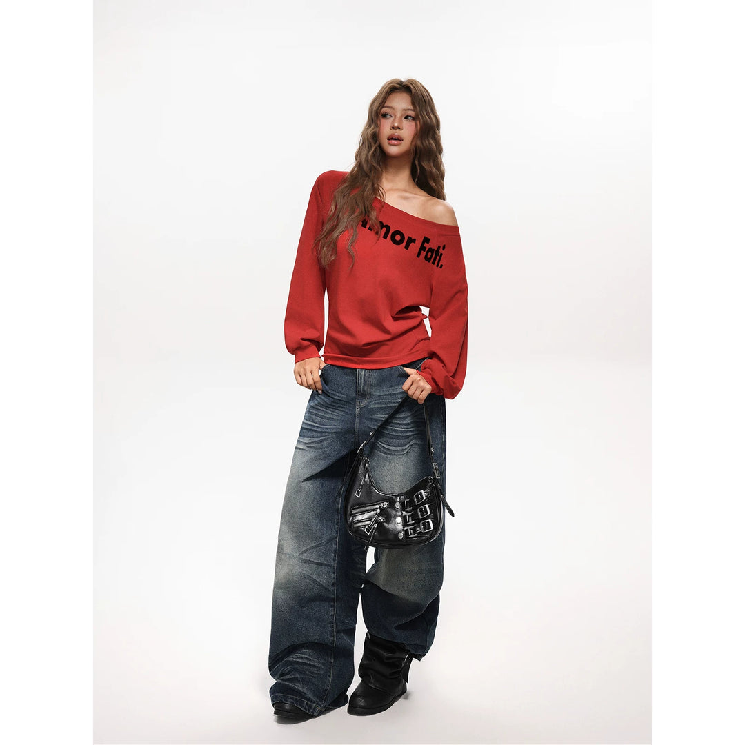 Damen nan lässiger Sweatpullover mit asymmetrischem Ausschnitt und typografischem Frontdruck EB