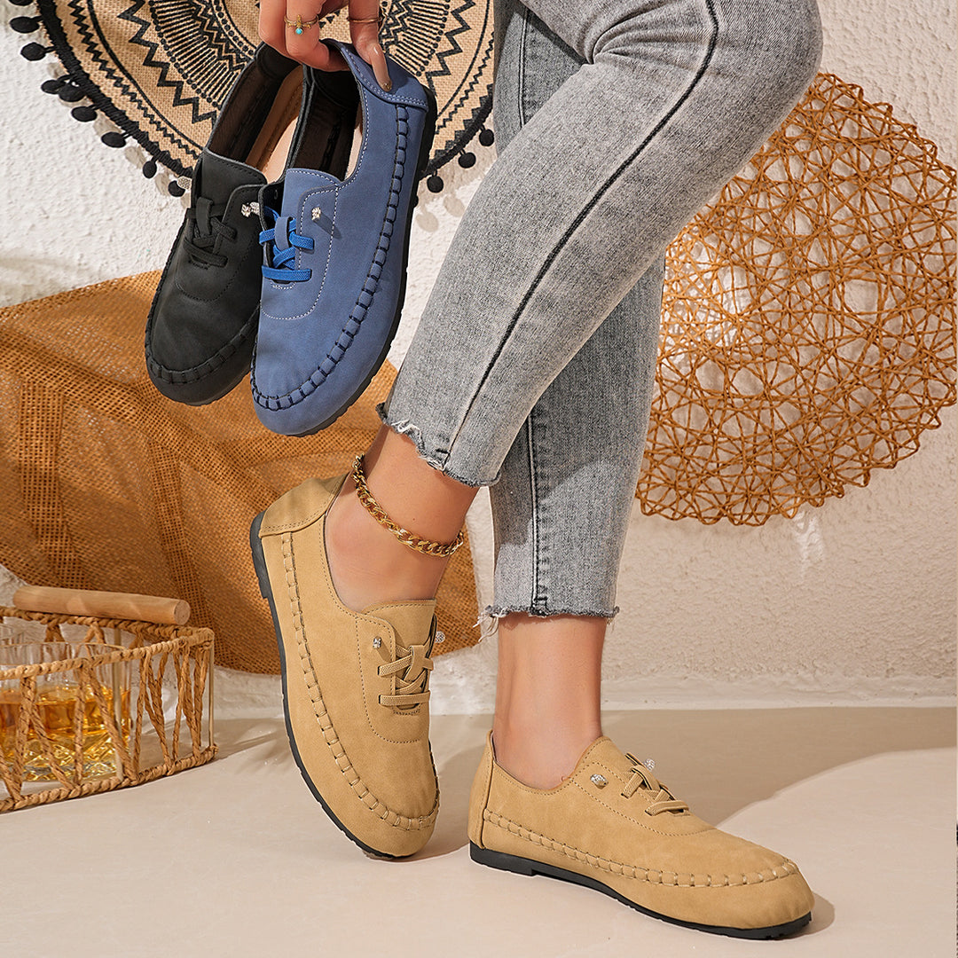Damen nan atmungsaktive Mokassin-Slipper aus Mikrofaser mit elastischer Schnürung und rutschfester Gummisohle EB