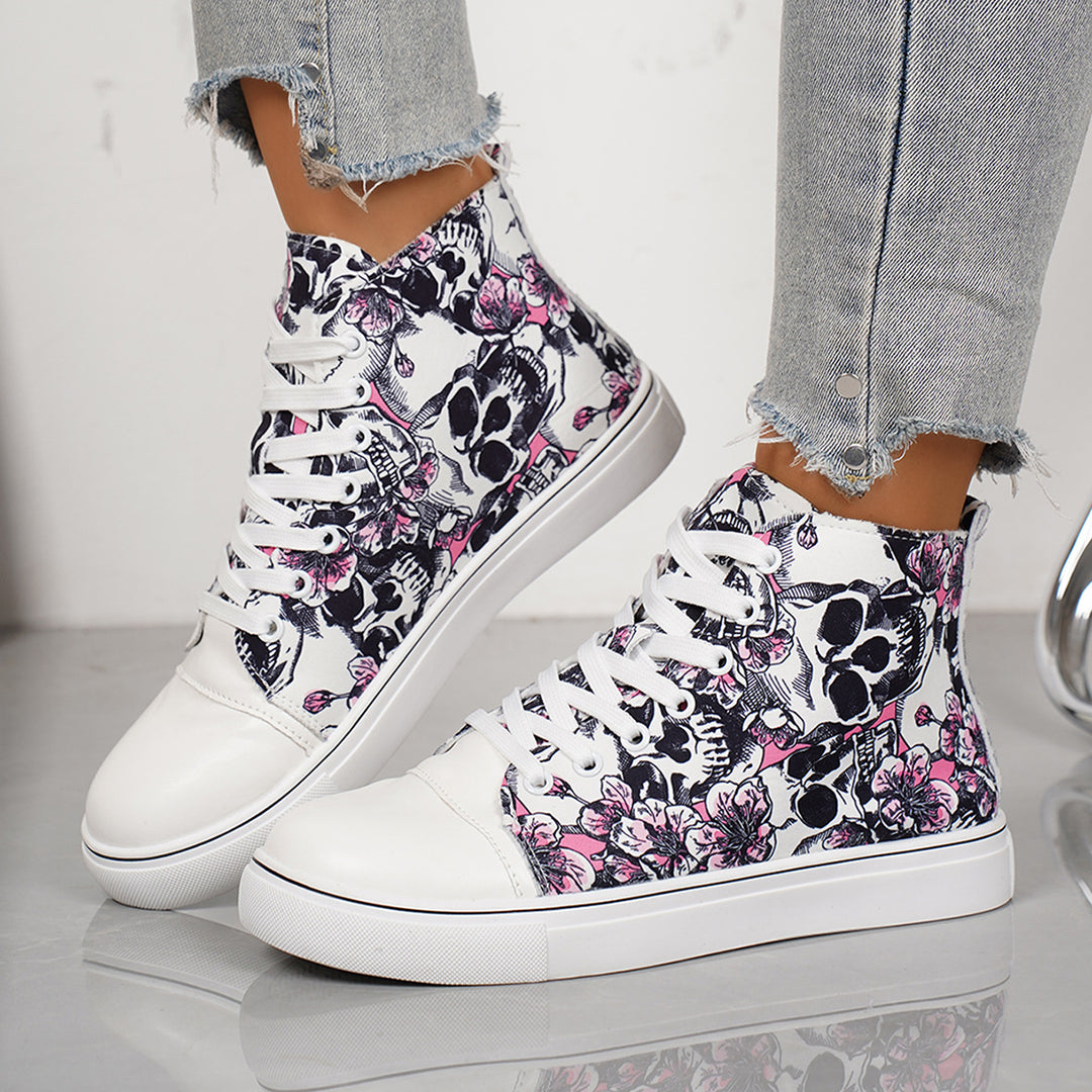 Damen High-Top Sneakers mit floralem und Totenkopf-Muster EB