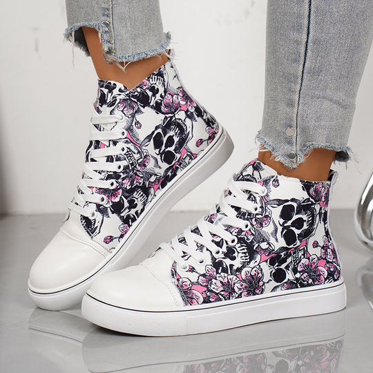 Damen High-Top Sneakers mit floralem und Totenkopf-Muster EB