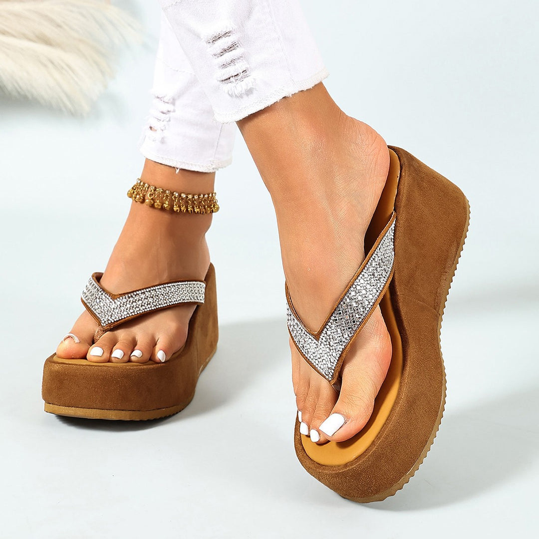 Damen Wedge-Pantoletten mit glitzernden Riemen und bequemer Sohle EB