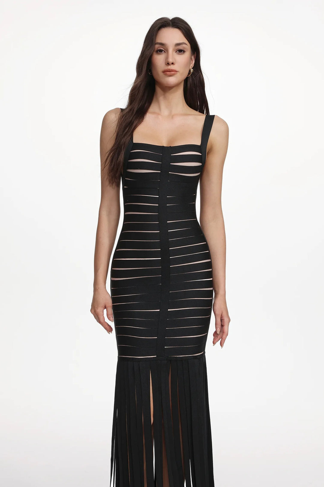 Damen Elegantes Abendkleid mit raffiniertem Streifen-Design und Fransen EB