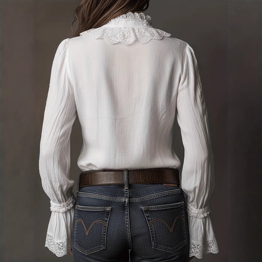 Damen elegante Bluse mit Rüschendetails und Spitzenbesatz EB