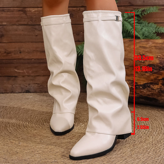 Damen nan kniehohe Slouch-Stiefel mit spitzer Zehenpartie niedrigem Blockabsatz und dekorativem Schaftgurt EB
