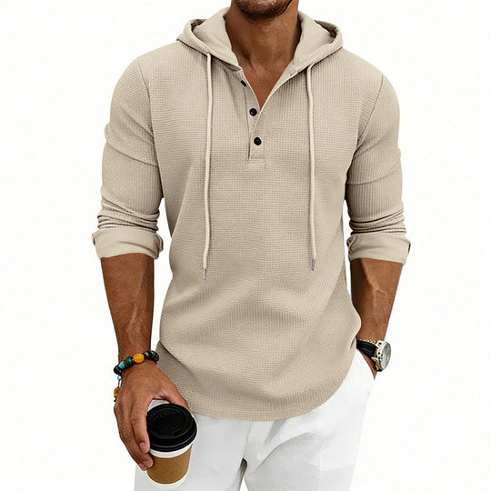 Herren Waffelstrick-Henley-Hoodie mit Knopfleiste und Kapuze EB