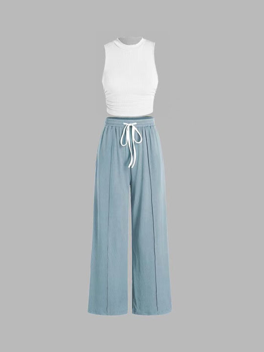 Damen lässiges Oberteil und weit geschnittene Hose Set EB