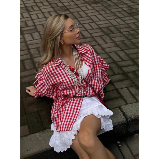 Damen Puffärmel Gingham Knopf-Down Hemd EB
