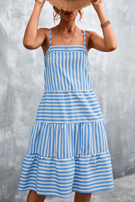 Damen Luftiges Gestreiftes Maxikleid mit Rüschendetails und verstellbaren Trägern EB