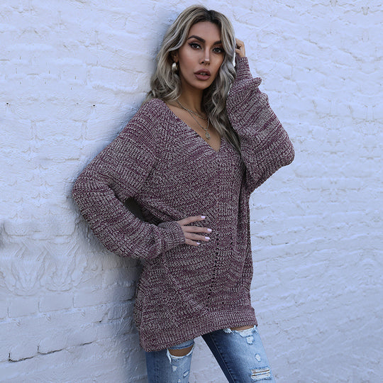 Damen Oversized Pullover mit V-Ausschnitt und Strukturmuster EB