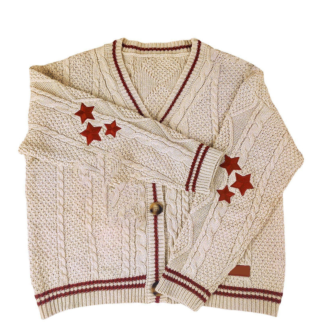 Damen nan oversized Zopfmuster-Cardigan mit V-Ausschnitt, Knopfleiste und Sternapplikationen EB