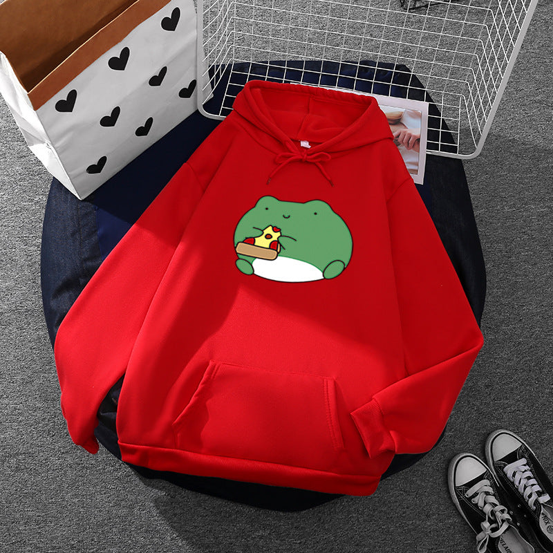 Damen nan gemütlicher Kapuzenpullover mit kawaii Frosch‑Pizza‑Motiv und oversized Relax‑Fit EB