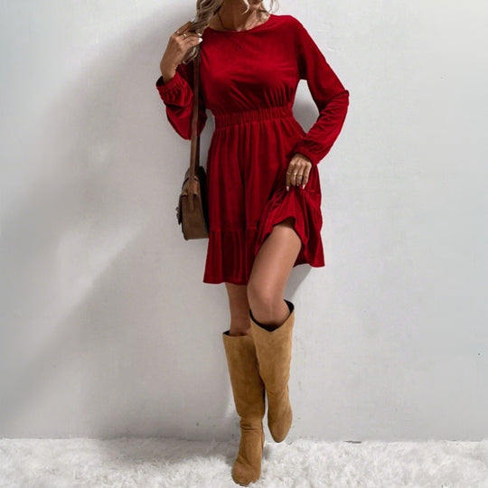 Damen Samt‑Minikleid mit elastischer Taillennaht und stufigem Volantrock Eichborn Berlin