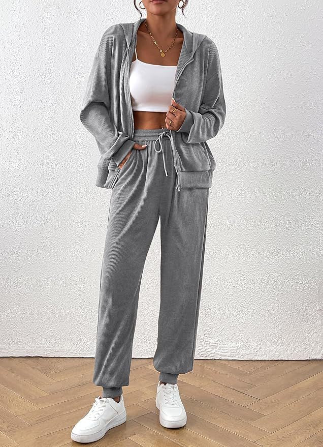 Damen Lässiges Set aus strukturiertem Hoodie und Jogginghose EB