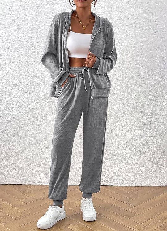 Damen Lässiges Set aus strukturiertem Hoodie und Jogginghose EB