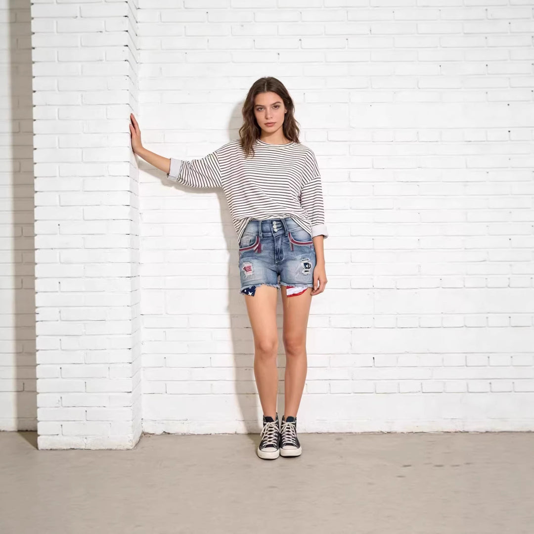 Damen Denim-Shorts im Vintage-Stil mit Aufgestickten Details EB