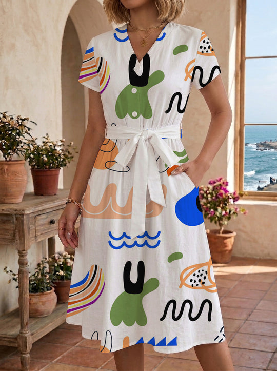 Damen Midikleid mit farbenfrohem Blumendesign und taillierbarem Bindegürtel EB