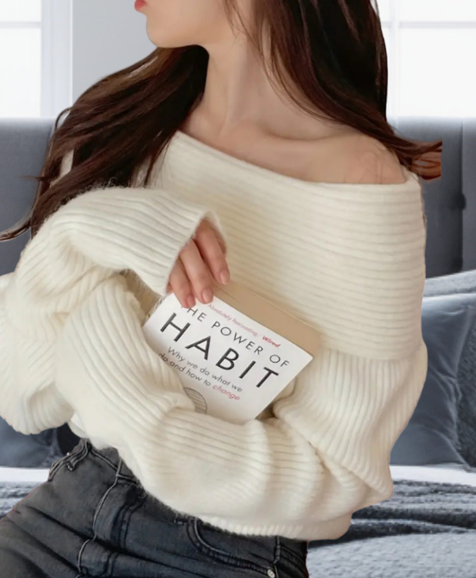 Damen Off-Shoulder Strickpullover mit elastischem Rippdesign EB