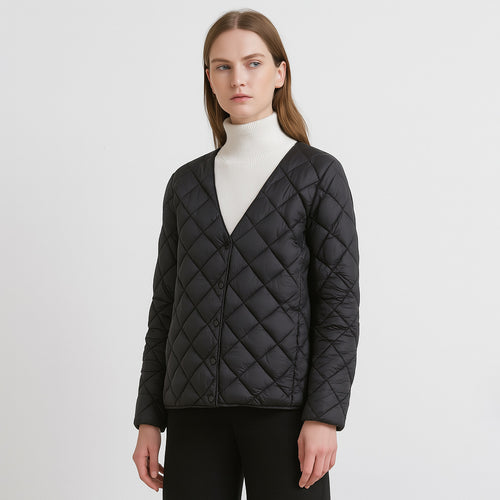 Damen gesteppte Übergangsjacke mit modernem V-Ausschnitt und knöpfbarem Verschluss EB
