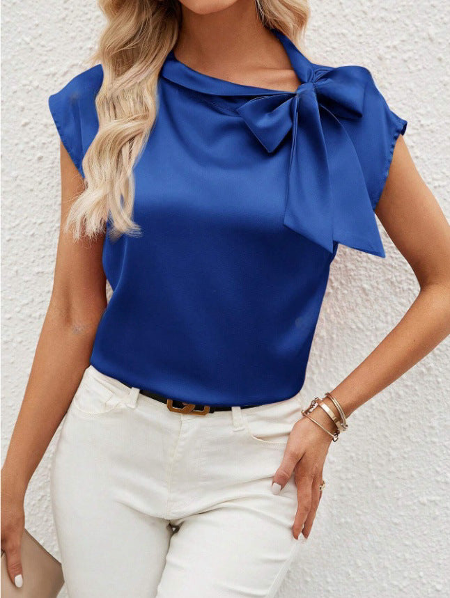 Damen elegante Bluse mit dekorativem Schleifen-Detail und schimmerndem Finish EB