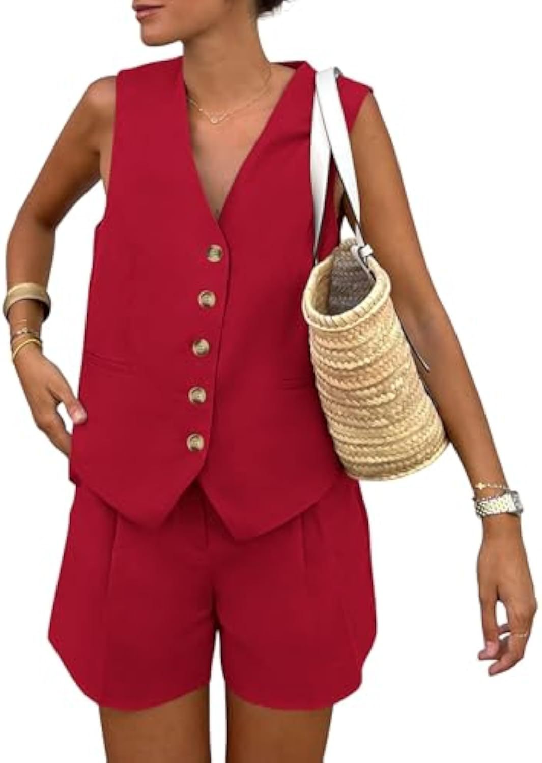 Damen elegantes Jumpsuit-Set mit tailliertem Schnitt und dekorativen Knopfdetails EB
